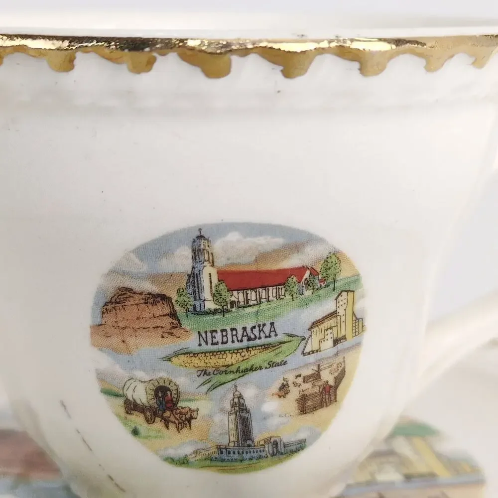 Vintage Nebraska Porcelain Cup & Saucer Set MidCentury Souvenir Cornhusker State